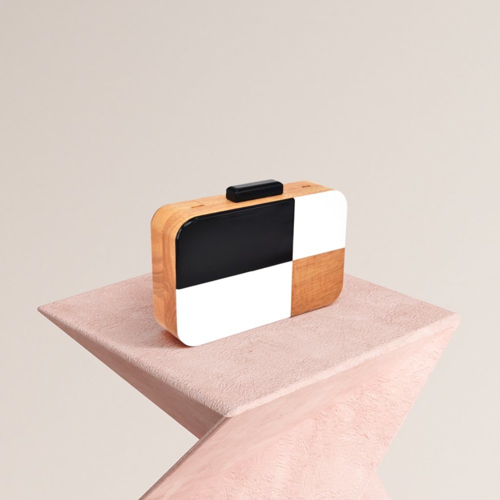 NWOT Black White Wood Clutch